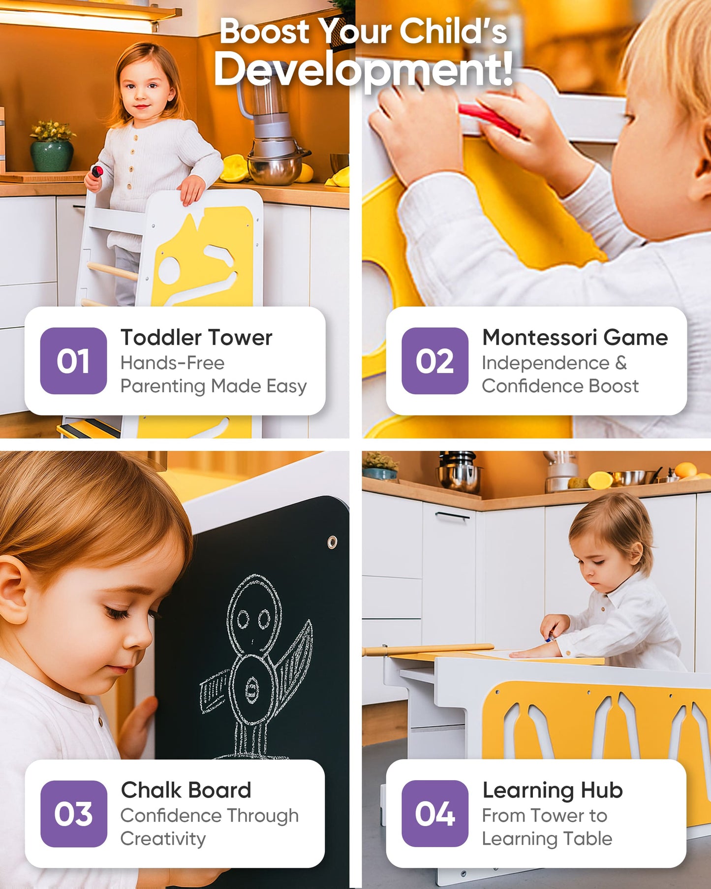 4-in-1 Montessori Helper Tower | Adjustable Learning Stool with Chalkboard
