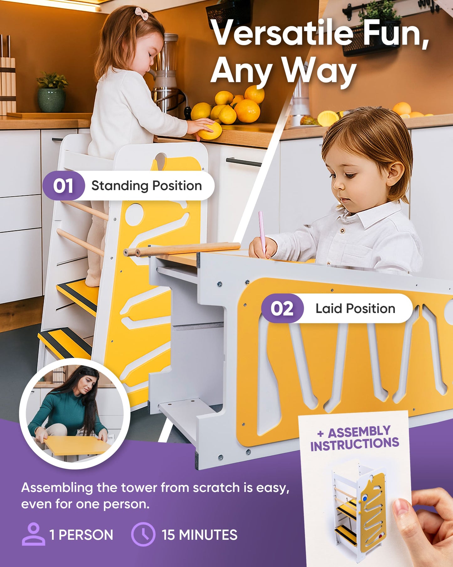 4-in-1 Montessori Helper Tower | Adjustable Learning Stool with Chalkboard
